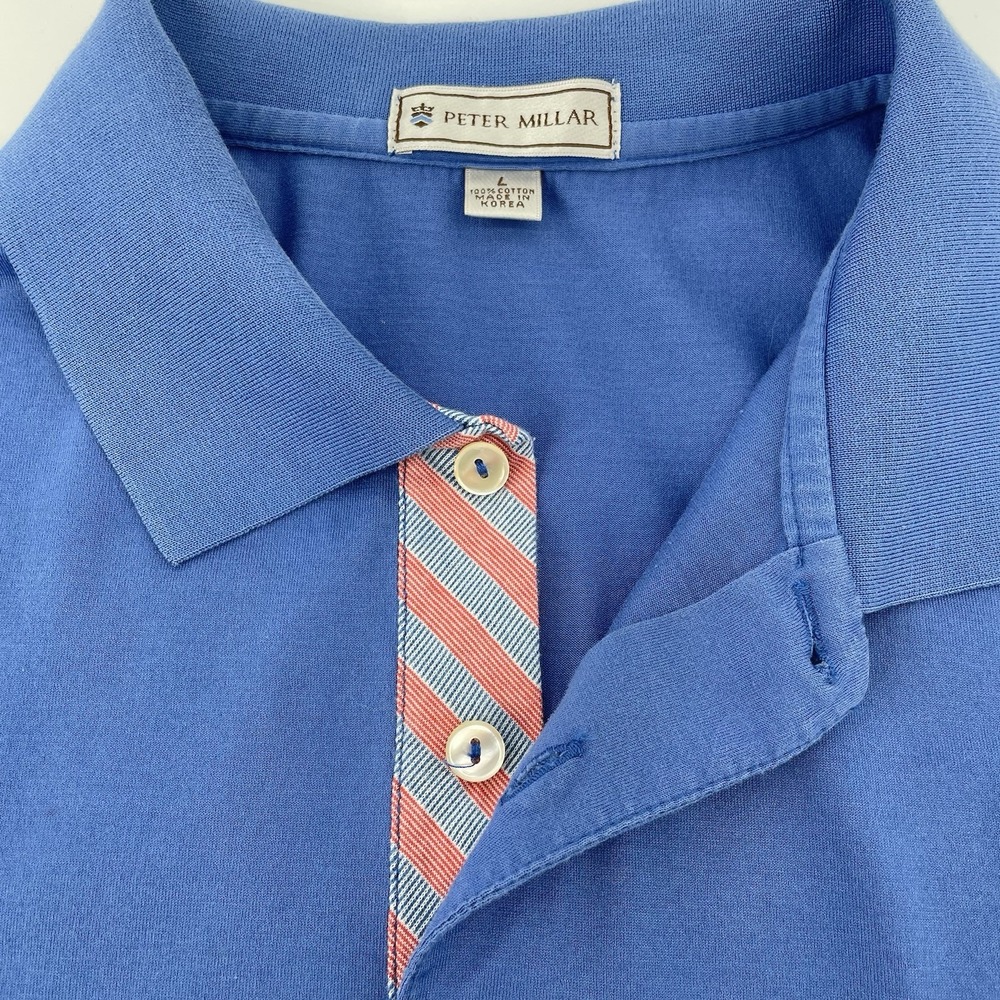 Peter Millar Men's Large Blue Cotton Polo Shirt Short Sleeve Classic Fit Golf